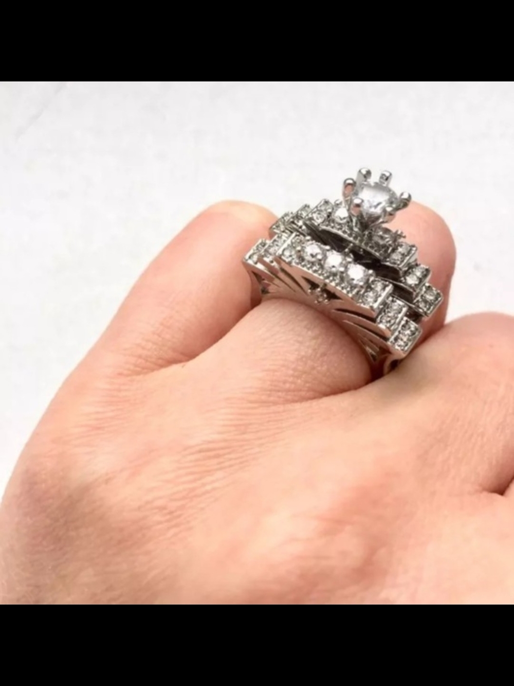 White Gold Plated With CZ Diamond Cluster Engagement Ring - - Picture 3 of 4